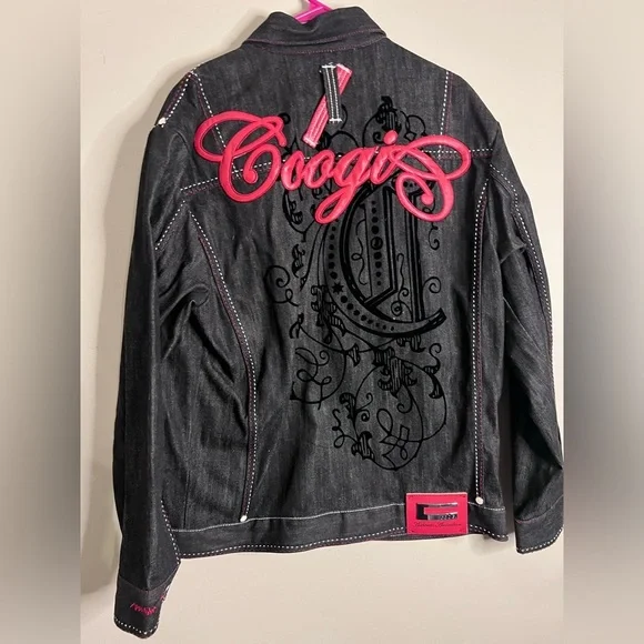 Coogi Red Leather Black Embrodered Denim Jacket - Limited Edition - L - Picture 5 of 6